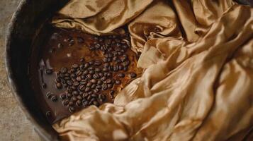 Visual guide to dyeing fabric with coffee, tutorial style, process composition, warm and natural color palette, DIY creativity and eco-friendly living mood photo