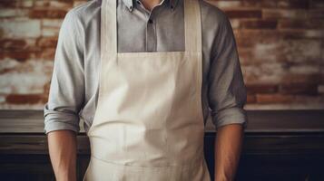 Man wearing beige linen apron mock up in the modern kitchen, chef uniform for cooking photo