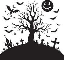 Silhouette Black And White Halloween Tree Draw With Flat Background vector