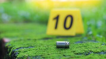 Empty bullet casing on a mossy surface, with a blurred black number 10 in the background, evoking the concept of crime scene investigation and unraveling mysteries. photo
