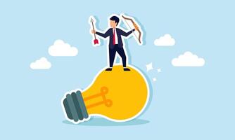 A businessman holding a bow and arrow standing on a light, illustration of efforts to focus on business ideas and innovation vector