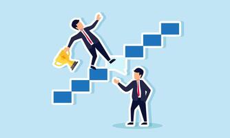 A businessman slips on the stairs while holding a trophy due to a speech made by another businessman, illustrating how a competitor's negative statement can damage a business career vector