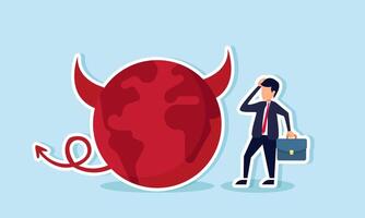 A businessman feels confused with a devilish globe, illustration of the influence of a corrupt business environment pushing towards dishonest practices vector