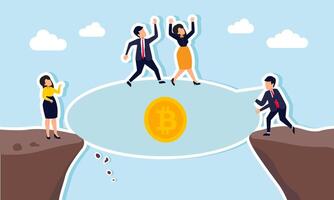 A businessman discussing Bitcoin on the edge of a cliff while another businessman climbs his dialogue box, illustrating survival from bankruptcy through diversification into Bitcoin vector