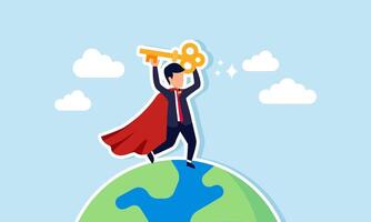 A super businessman standing on Earth while holding a key, illustration of a successful businessman providing business solutions to global issues vector