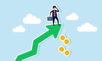 A businessman at the tip of an arrow finds several bitcoins that have fallen, illustrating the effect of valuation drop after an all-time high vector