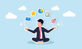 A businessman meditating in a cross-legged position surrounded by elements of business management, illustration of finding solutions for company business strategies vector