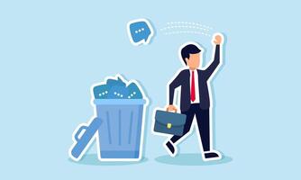 A businessman walks and throws a dialogue box into a trash bin full of dialogue boxes, illustrating discarding unimportant words or staying silent rather than speaking uselessly vector