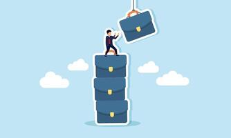 A businessman climbing a stack of briefcases and trying to catch another briefcase hanging from a string, illustration of the effort to secure a new business project vector
