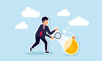 A businessman is burning a dollar coin using a magnifying glass, illustrating the concept of dollar inflation vector