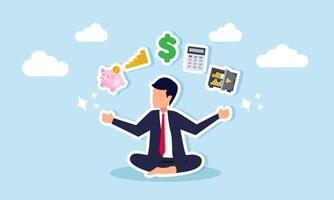 A businessman meditating in a cross-legged position surrounded by elements of financial management, illustration of finding solutions for effective financial management vector