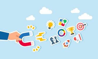 A hand holding a magnet trying to attract elements of marketing and promotion strategy, illustration of receiving advice and input on effective and efficient marketing methods vector