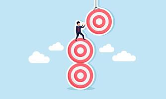 A businessman climbing a stack of target boards and trying to catch another target board hanging from a string, illustration of the effort to achieve the next business goal vector