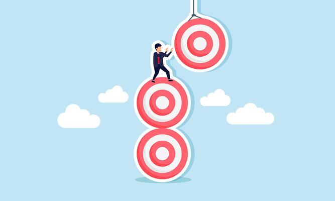 A businessman climbing a stack of target boards and trying to catch another target board hanging from a string, illustration of the effort to achieve the next business goal