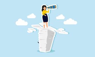 A businesswoman looking through binoculars from atop a pile of paperwork, illustration of vision in the effectiveness of strategies for completing tasks vector