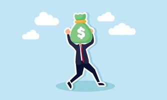 A businessman with a money bag head, illustration of business development based on strong financial fundamentals vector