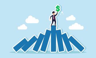 A businessman stands on a stack of blocks, lifting and displaying a dollar sign, illustrating the resilience of the dollar's valuation amidst various issues vector