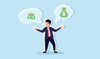 A businessman lies about a small money bag while actually thinking of a large one, illustrating dishonesty in explaining financial concepts vector