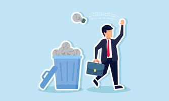 A businessman walks and throws a broken light bulb into a trash bin full of broken bulbs, illustrating discarding ideas that are irrelevant or unusable vector
