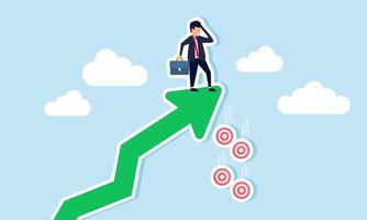 A businessman at the tip of an arrow finds several target boards that have fallen, illustrating negligence in achieving business work targets vector