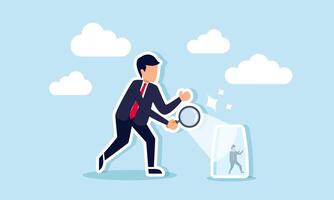 A businessman studies and illuminates another businessman in a glass container with a magnifying glass, illustrating the support for a struggling business partner vector