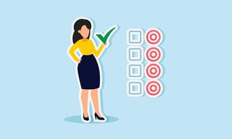 A businesswoman holding a checkmark stands next to a checklist and a target board, illustration of the achievement of business milestones for the company vector