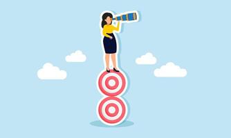 A businesswoman peering through binoculars from atop a stack of target boards, illustration of vision in achieving company goals vector
