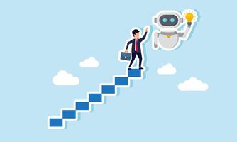 A businessman at the top of a ladder trying to grab an AI robot carrying a light, illustration of the effort to implement AI for ideas and innovation in business vector