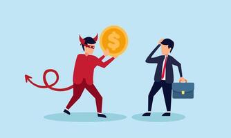 A businessman feels confused as a devil holds a dollar coin, illustration of the temptation to engage in corruption within a project vector
