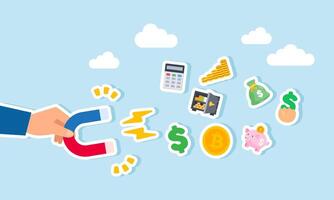 A hand holding a magnet trying to attract elements of financial management, illustration of receiving advice and input on effective financial management vector