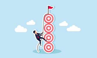 A businessman climbing a stack of target boards with a rope, illustration of progress in achieving business goals vector