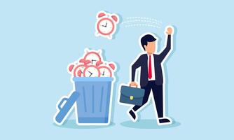 A businessman walks and throws an alarm clock into a trash bin full of alarm clocks, illustrating not wasting time on unimportant matters or promoting productivity at work vector