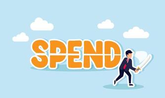 A businessman uses a sword to cut the word SPEND, illustrating the optimization of spending for business needs to maintain financial stability vector