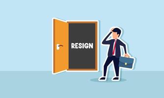 A businessman feels confused as he approaches a door labeled RESIGN, illustrating the uncertainty of making a resignation decision vector