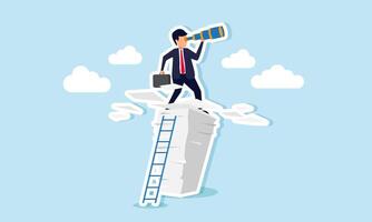 A businessman climbing a stack of paperwork with a ladder while looking through binoculars, illustration of effort in vision for the effective strategy to complete tasks vector