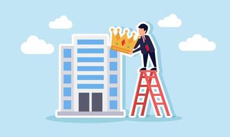 A businessman climbing a ladder intending to crown a building, illustrating giving a title to a company that has become a leader in its field vector