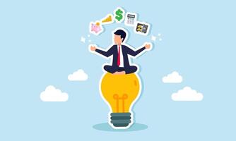 A businessman meditating cross-legged on a lamp surrounded by elements of financial management, illustration of innovation in effective financial management strategy vector