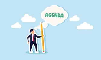 A businessman is holding a pencil while envisioning an AGENDA, illustration of designing a work agenda or schedule for effectiveness and efficiency vector
