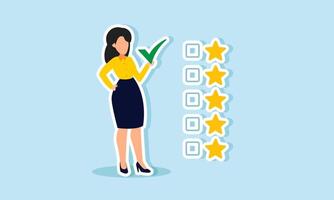 A businesswoman holding a checkmark stands next to a checklist and a star, illustration of the achievement of quality and business rating qualifications for the company vector