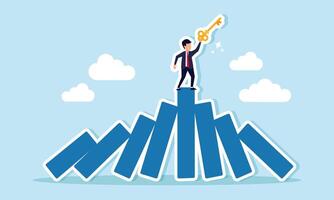 A businessman stands on a stack of blocks, lifting and showing a key, illustrating solutions to the issues and problems faced vector