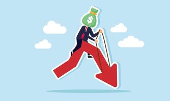 A businessman with a money bag head riding a red arrow pointing downward, illustration of poor and declining dollar valuation vector