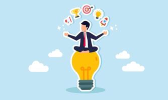 A businessman meditating cross-legged on a lamp surrounded by elements of marketing and promotion, illustration of innovation in business marketing strategy vector