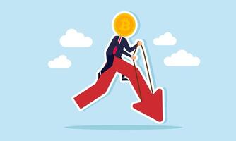 A businessman with a Bitcoin head riding a red arrow pointing downward, illustration of the declining valuation of Bitcoin vector