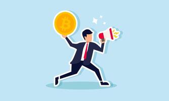 A businessman promoting bitcoin with a megaphone, illustrating the importance of educating the public on the appeal of investing in bitcoin vector