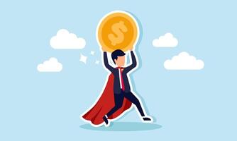 A super businessman carrying a giant dollar coin, illustration of a successful entrepreneur with a massive amount of total assets vector