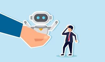 A businessman looks confused after receiving a robot, illustrating the challenges of implementing AI in a company to optimize performance effectively vector