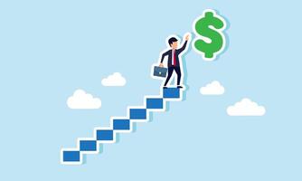 A businessman at the top of a ladder trying to grab a dollar sign, illustration of the effort to achieve an all-time high dollar valuation vector