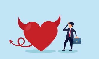 A businessman appears confused with a devilish heart, illustration of the temptation to engage in dishonest practices in business vector