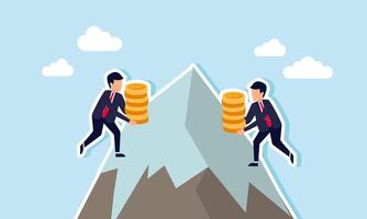 Two businessmen carrying stacks of coins are racing to the top of a mountain, illustrating the competition in accumulating company revenue and assets vector