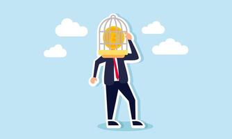 A businessman with a Bitcoin head trapped in a cage, illustration of incorrect Bitcoin calculations leading to assets being stuck and not growing vector